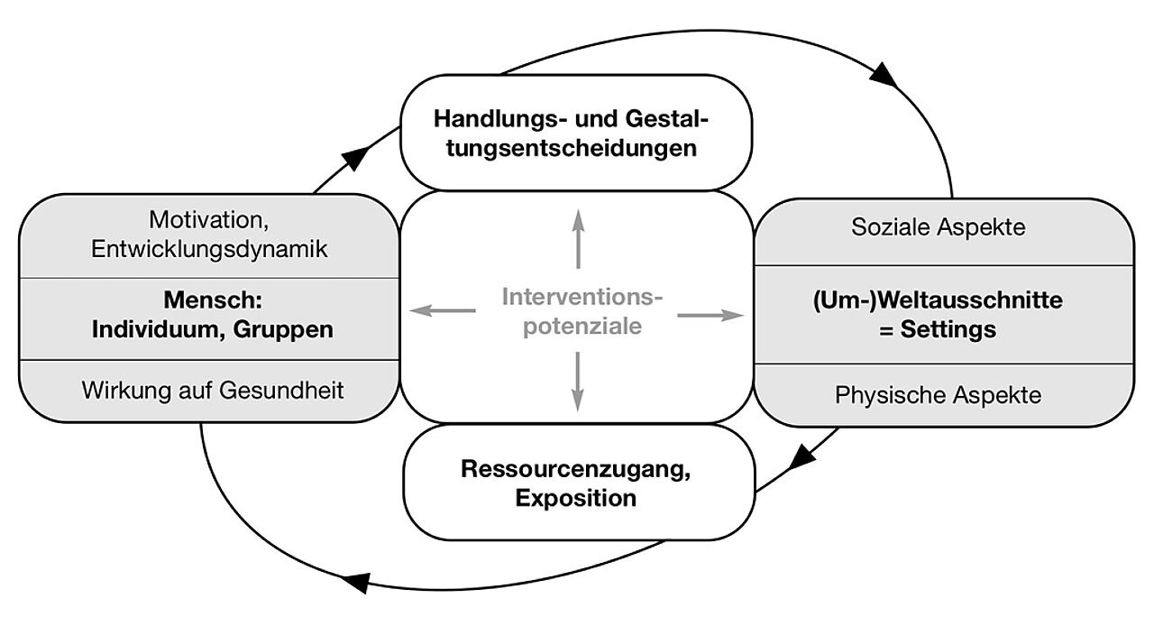 Humanökologisches Gesundheitsmodell „Mensch <-> (Um-)Welt“ (die Pfeile bezeichnen Wirkeinflüsse) 