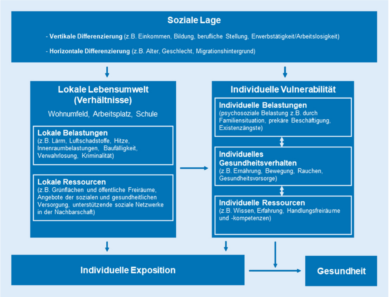 Modell zur Beschreibung des Zusammenhangs zwischen sozialer Lage, Umwelt und Gesundheit 